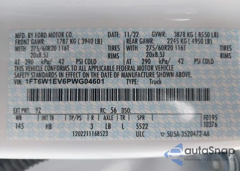 2023 Ford F-150 Lightning Lariat z USA, uszkodzony, nr VIN 1FT6W1EV6PWG04601